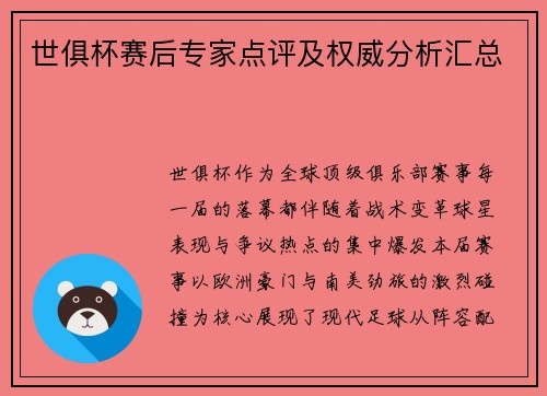 世俱杯赛后专家点评及权威分析汇总