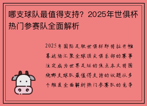 哪支球队最值得支持？2025年世俱杯热门参赛队全面解析